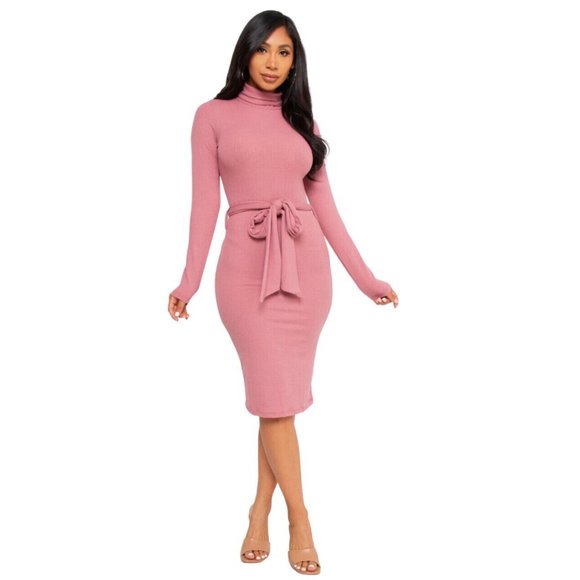 Midi Dress In Marsala Pink Belted Ribbed Long Sleeve Knit- MEDIUM - Picture 3 of 4